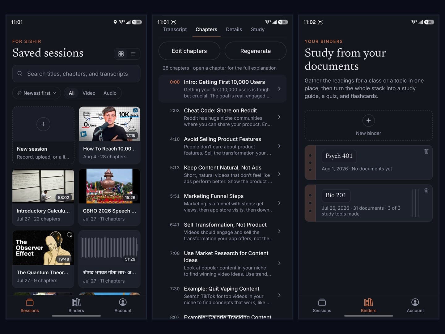 Three Android screens: the session library, a 28 chapter table of contents, and the binders tab holding course document sets