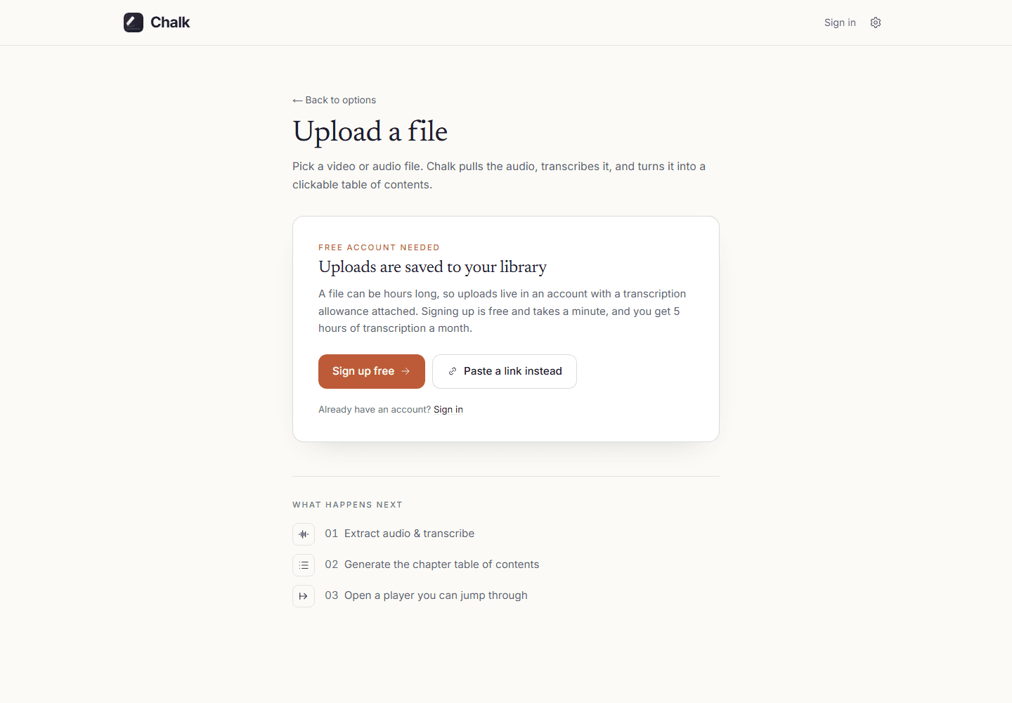 Chalk's upload screen, one of the ways a lecture enters the pipeline