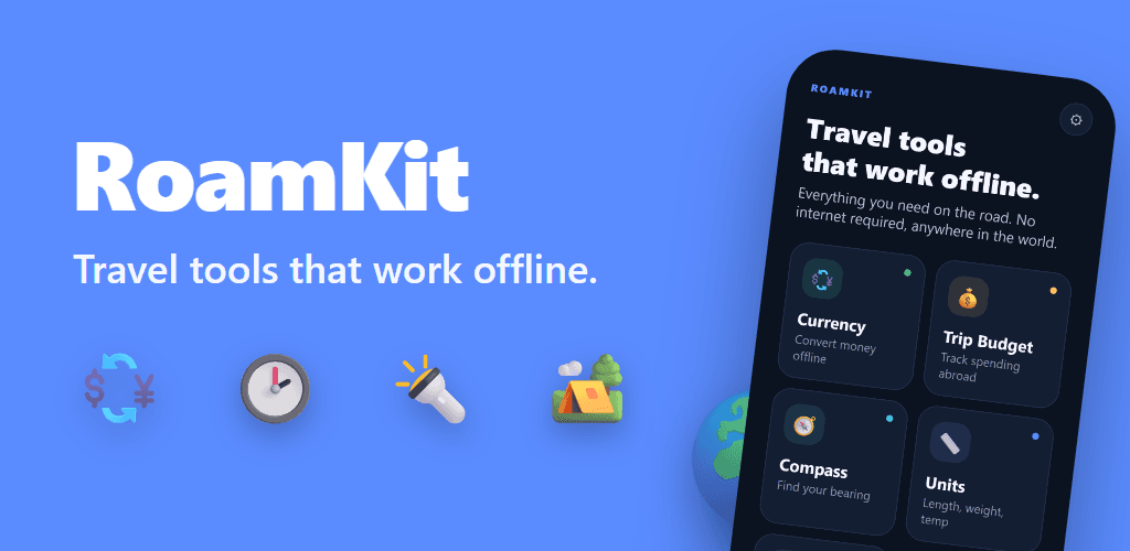 RoamKit store graphic: an offline travel toolkit for iOS, Android and web