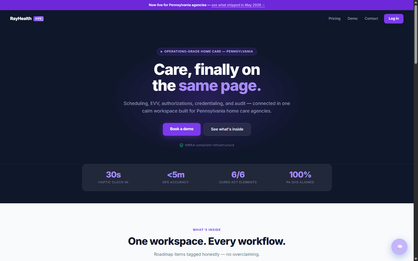 RayHealth EVV landing page: care, finally on the same page